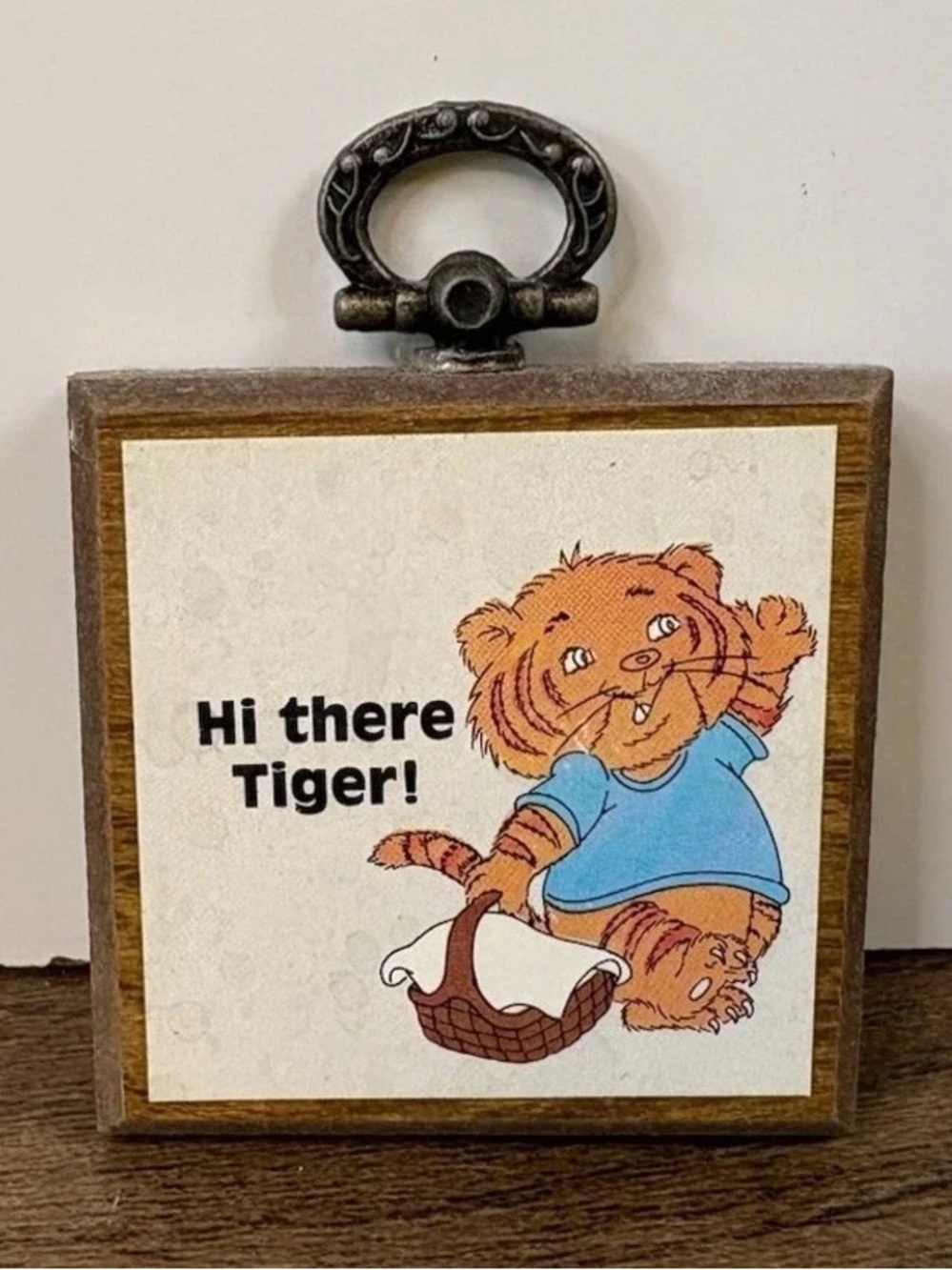 Wooden Framed 'Hi There Tiger!' Wall Plaque in Brown and Blue